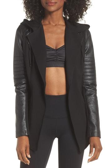 Women's Blanc Noir Hooded Moto Blazer With Faux Leather Sleeves - Black