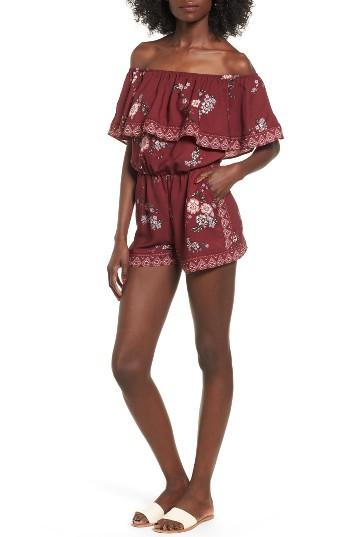 Women's Socialite Ruffle Off The Shoulder Romper - Burgundy