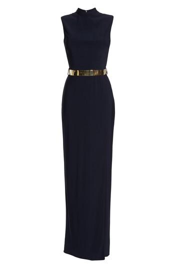 Women's Mac Duggal Belted Mock Neck Sheath Gown - Blue