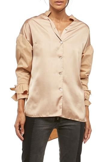Women's Alpha & Omega Sateen Ruffle Blouse - Beige