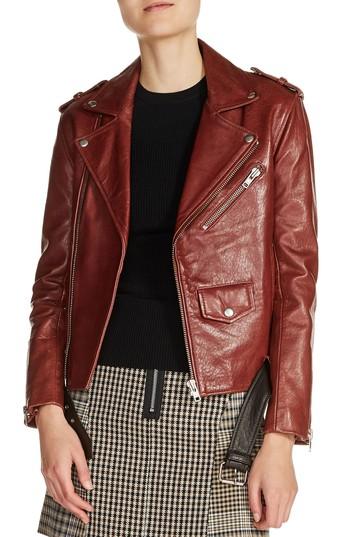 Women's Maje Belted Leather Jacket - Burgundy