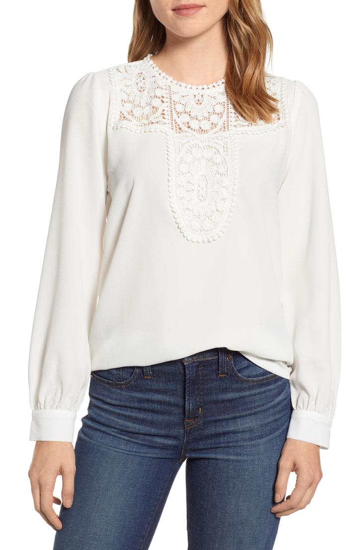 Petite Women's Halogen Lace & Crepe Blouse P - Ivory