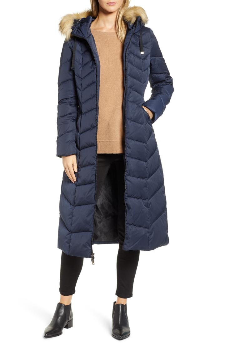 Women's Tahari Faux Fur Collar Puffer Coat - Blue