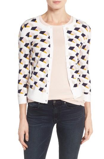 Petite Women's Halogen Three Quarter Sleeve Crewneck Cardigan, Size P - Ivory