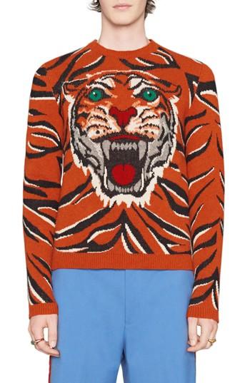 Men's Gucci Tiger Print Wool Crewneck Sweater - None