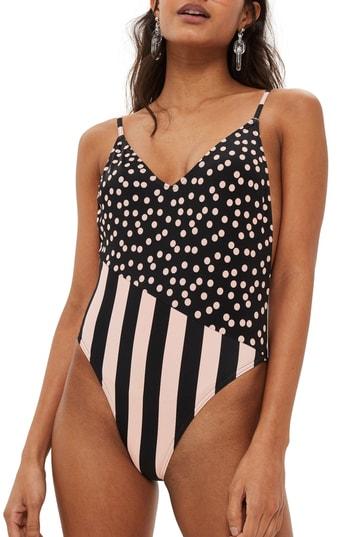 Women's Topshop Spot & Stripe One-piece Swimsuit Us (fits Like 0) - Black