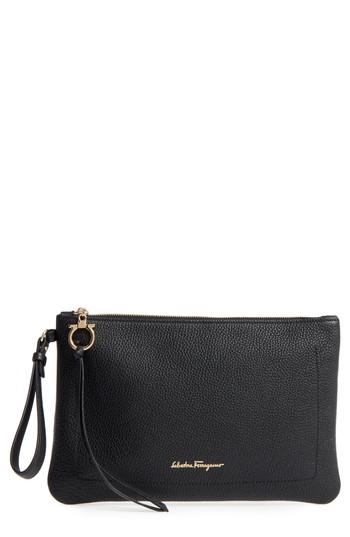 Salvatore Ferragamo Large Pebbled Leather Wristlet Clutch - None