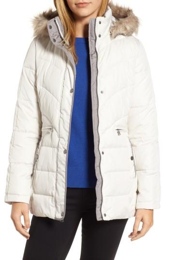 Women's Larry Levine Quilted Coat With Faux Fur Trim - Ivory
