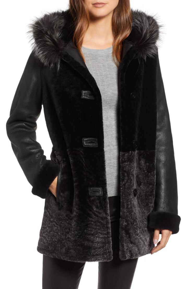 Women's Blue Duck Genuine Shearling Coat With Genuine Fox Fur Trim - Black