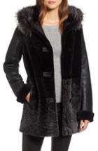 Women's Blue Duck Genuine Shearling Coat With Genuine Fox Fur Trim - Black