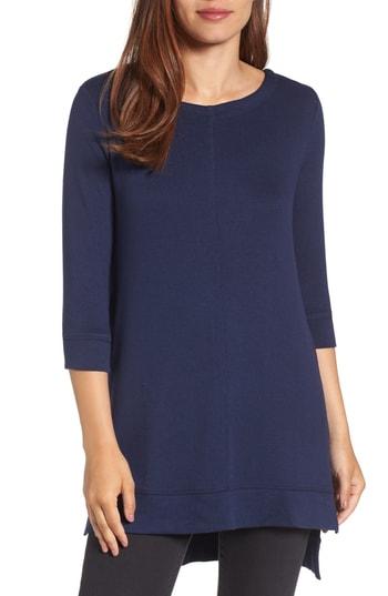 Petite Women's Caslon Three Quarter Sleeve Side Slit Tunic P - Blue