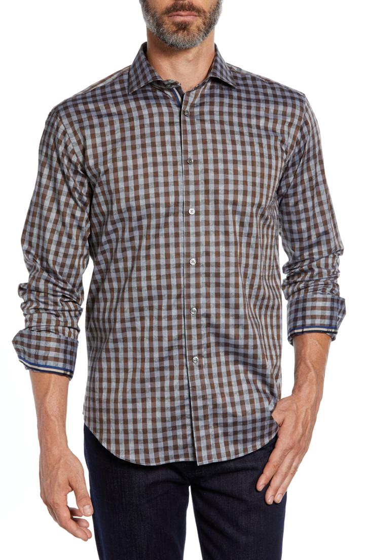Men's Bugatchi Shaped Fit Gingham Sport Shirt, Size - Brown