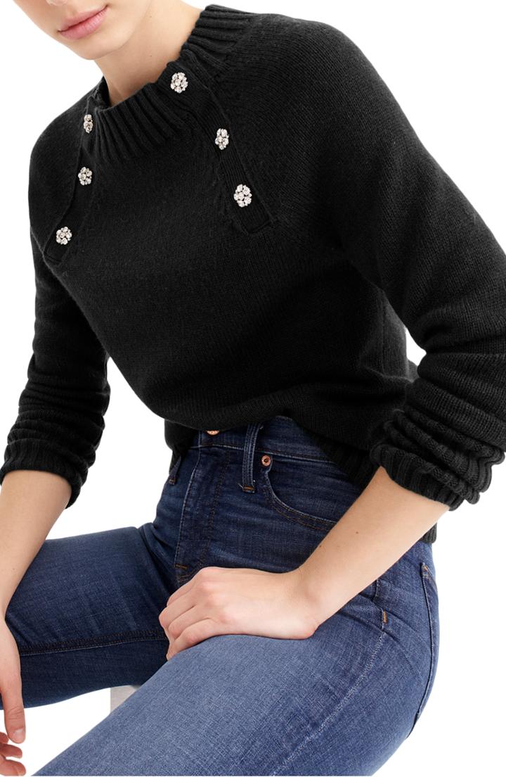 Women's J.crew Sweater With Jeweled Buttons, Size - Black