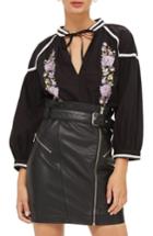 Women's Topshop Embroidered Poplin Tie Neck Top Us (fits Like 0-2) - Black