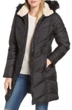 Women's Larry Levine Hooded Down & Feather Fill Jacket With Faux Fur Trim - Black