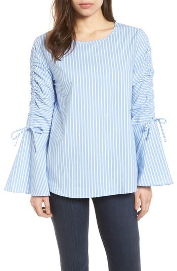 Women's Halogen Ruched Sleeve Stripe Top, Size - Blue