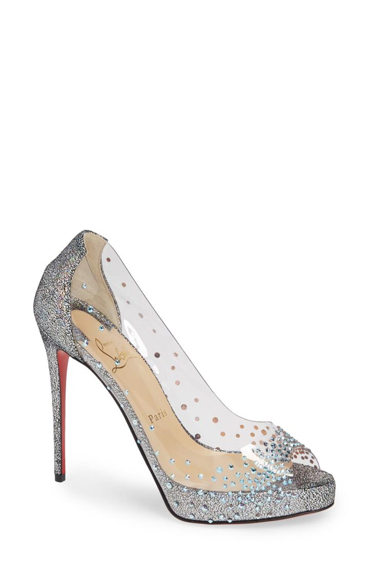 Women's Christian Louboutin Very Strass Embellished Peep Toe Pump .5us / 35.5eu - Metallic