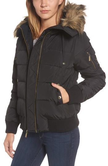 Women's Michael Michael Kors Missy Water Resistant Puffer Bomber Jacket With Detachable Hood And Faux Fur Trim