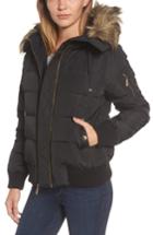 Women's Michael Michael Kors Missy Water Resistant Puffer Bomber Jacket With Detachable Hood And Faux Fur Trim