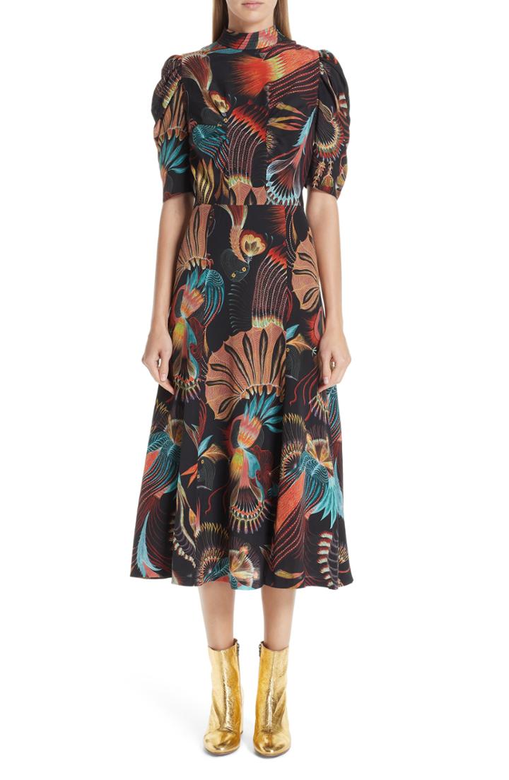 Women's Dries Van Noten Tattoo Floral Print Silk Dress Us / 42 Fr - Black