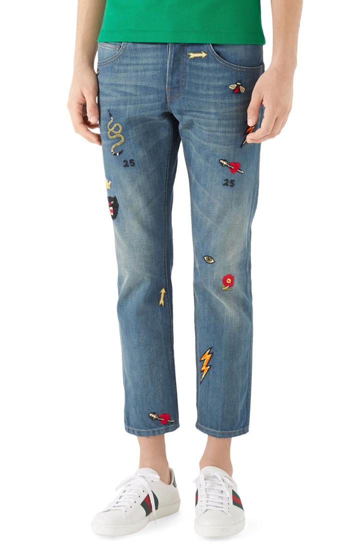 Men's Gucci Embroidered Slim Fit Jeans