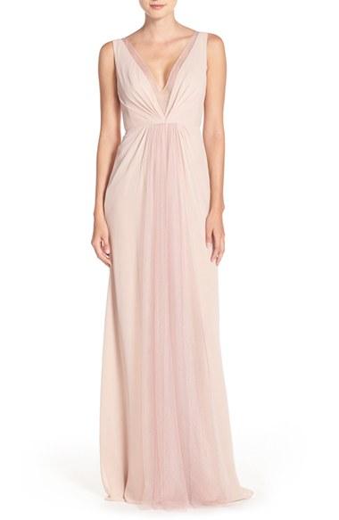 Women's Monique Lhuillier Bridesmaids Deep V-neck Chiffon & Tulle Gown - Ivory