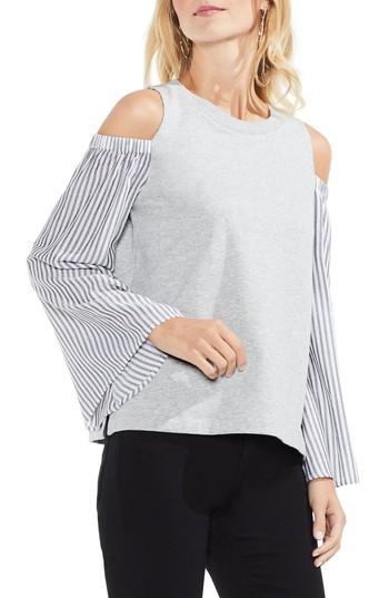 Women's Vince Camuto Stripe Mix Media Cold Shoulder Top - Grey