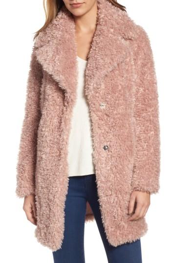Women's Kensie 'teddy Bear' Notch Collar Faux Fur Coat - Pink (online Only)