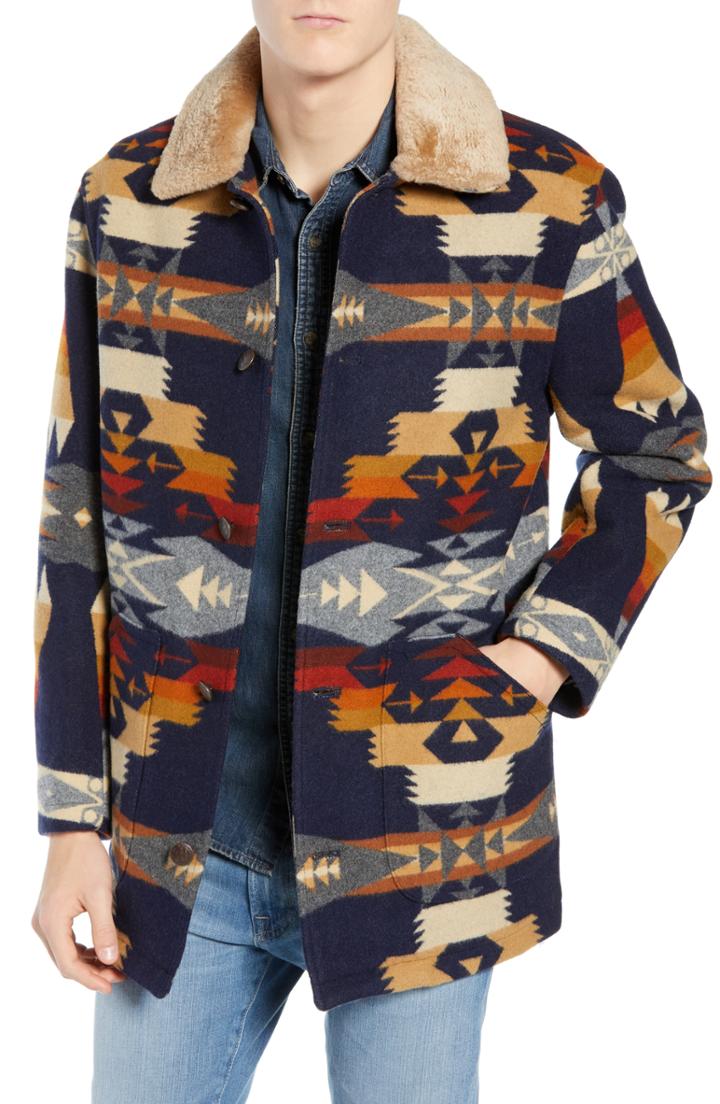 Men's Pendleton Brownsville Wool Jacket With Genuine Shearling Collar - Blue