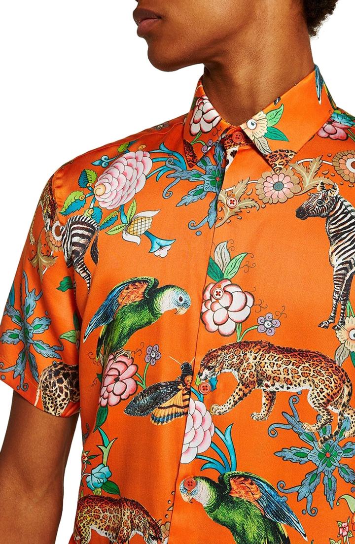 Men's Topman Slim Fit Animal Print Shirt - Orange