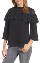 Women's Halogen Lace Yoke Ruffle Top - Black