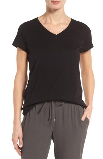 Women's Eileen Fisher Organic Cotton V-neck Tee, Size - Black