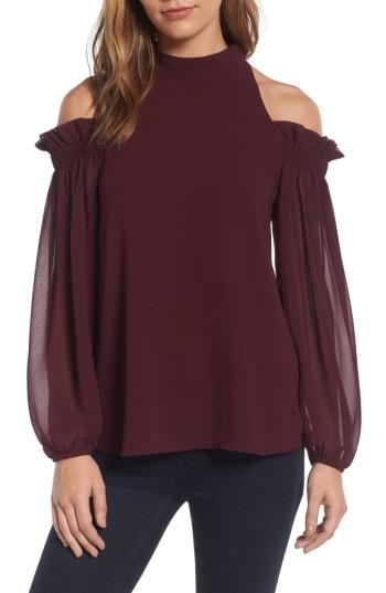 Women's Trouve Ruffle Cold Shoulder Top, Size - Burgundy