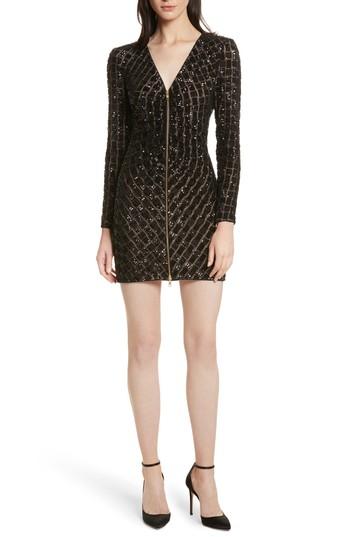Women's Self-portrait Zip Front Sequin Minidress - Black