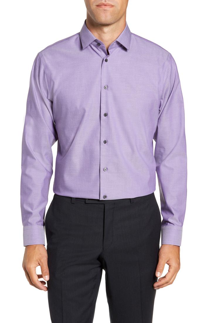 Men's Calibrate Trim Fit Stretch Non-iron Geometric Dress Shirt 32/33 - Purple