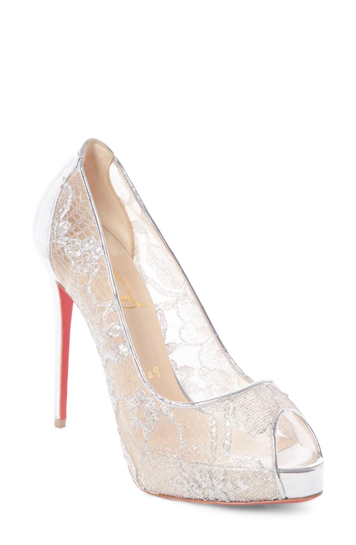 Women's Christian Louboutin New Prive Alencon Lace Platform Pump Us / 35eu - Metallic