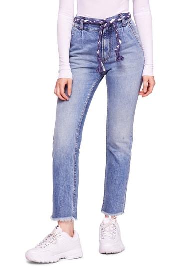 Women's Free People Tie Belt High Waist Slim Straight Leg Jeans - Blue