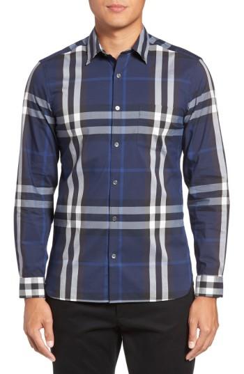 Men's Burberry Nelson Check Sport Shirt, Size - Blue