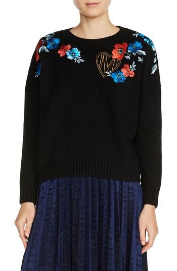 Women's Maje Floral Embroidered Sweater - Black