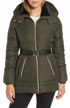 Women's Vince Camuto Belted Down & Feather Jacket With Faux Fur - Green