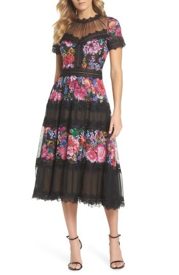 Women's Tadashi Shoji Lace Floral Midi Dress - Black