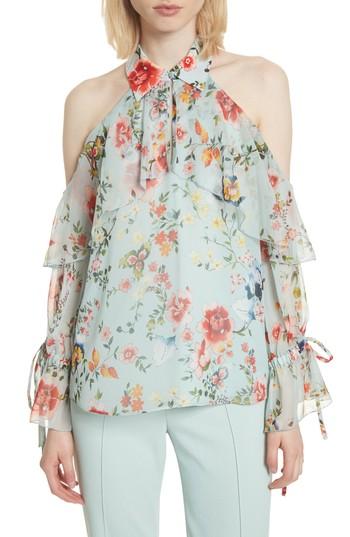 Women's Alice + Olivia Blayne Cold Shoulder Floral Silk Blouse - Blue