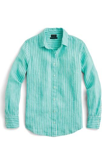 Women's J.crew Slim Perfect Stripe Irish Linen Shirt - Green
