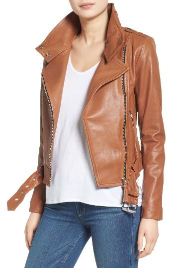 Women's Mackage Belted Leather Moto Jacket - Brown