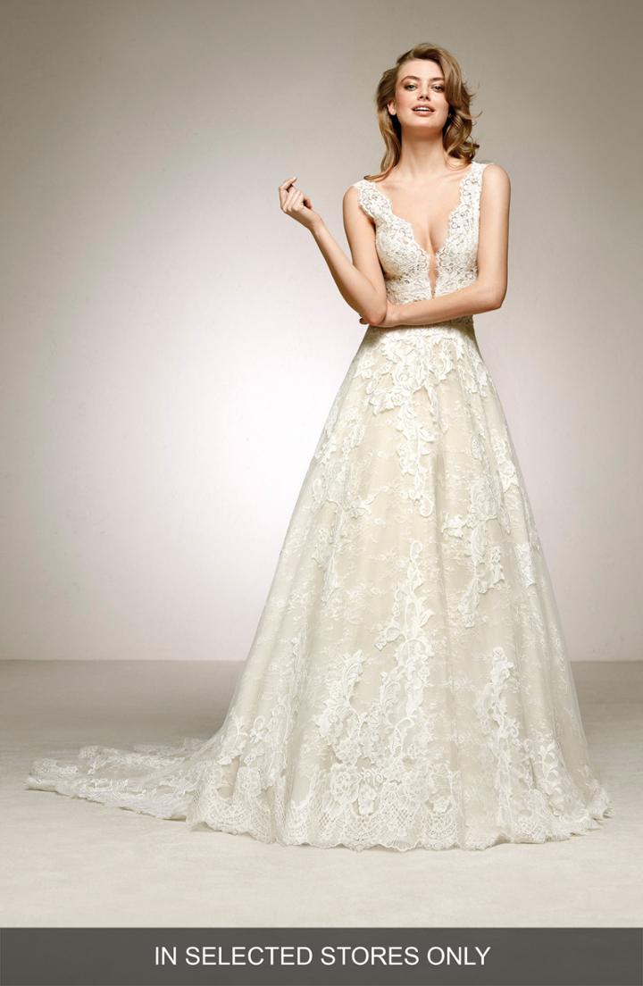 Women's Pronovias Devany Plunge Lace A-line Gown