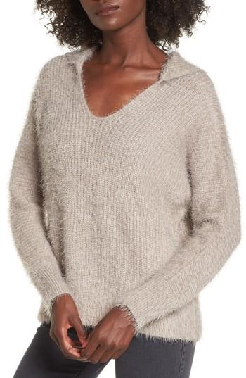 Women's Woven Heart Eyelash Knit Hooded Sweater - Beige