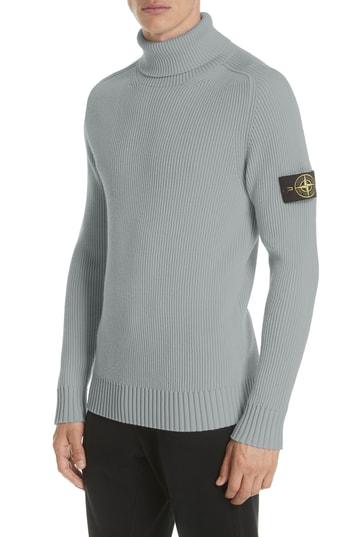 Men's Stone Island Ribbed Wool Turtleneck Sweater - Blue