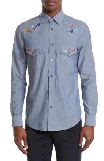 Men's Paul Smith Embroidered Chambray Western Shirt - Blue