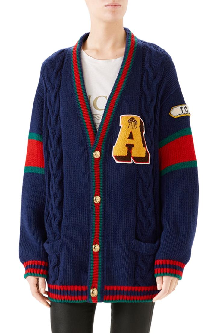Women's Gucci Wool Cable Knit Varsity Cardigan - Blue