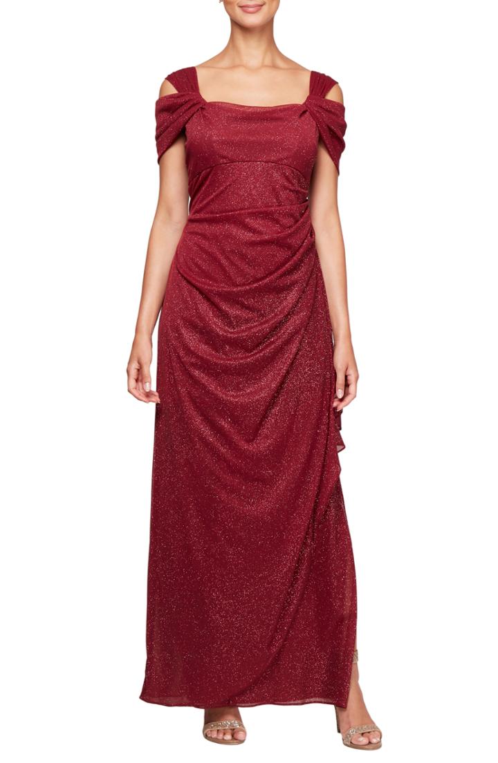 Women's Alex Evenings Cold Shoulder Chiffon Gown - Burgundy